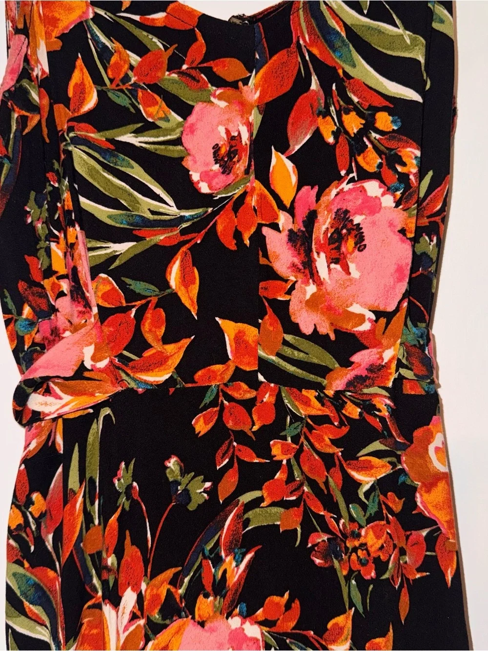 MSK Floral Black Maxi Dress Orange Pink Blooms tie back sash 100% viscose M - Picture 4 of 14